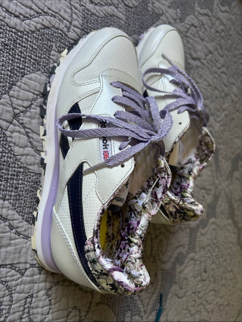Reebok Youth White Sneaker with Navy Stripe and Lavender Accents